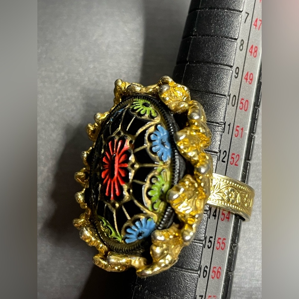 Moroccan Glass Lg Cabochon Gold Tone Leaves Vintage Adjustable Ring Sz 7 - Picture 4 of 12